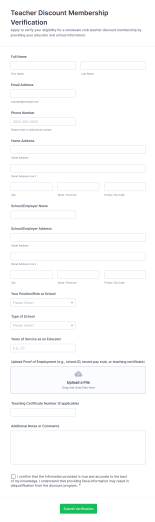 Teacher Discount Membership Verification Form Template