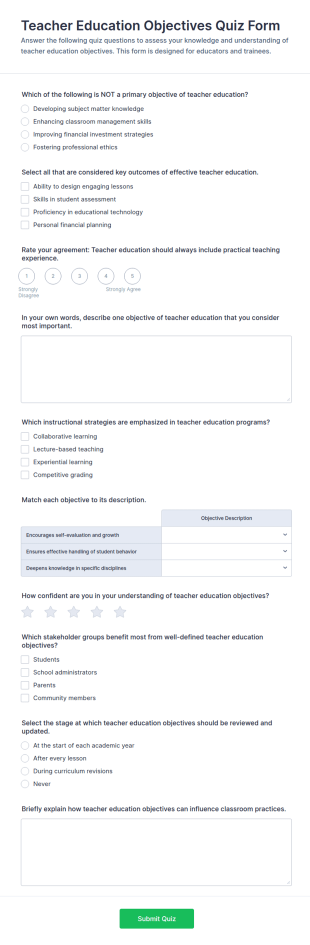 Teacher Education Objectives Quiz Form Template