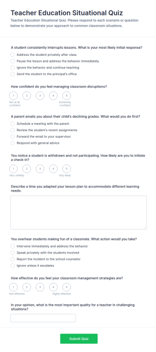 Teacher Education Situational Quiz Form Template