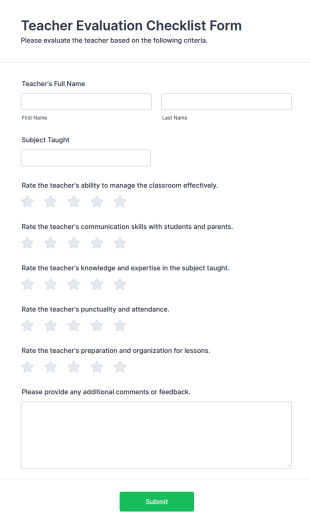 Teacher Evaluation Checklist Form Template