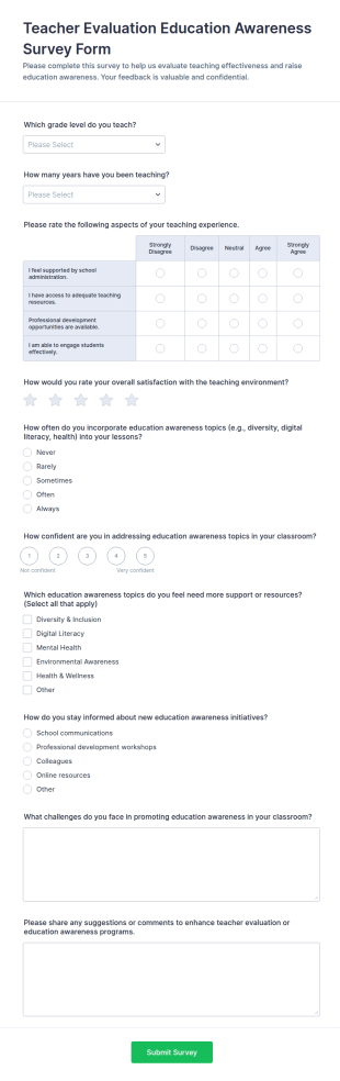 Teacher Evaluation Education Awareness Survey Form Template