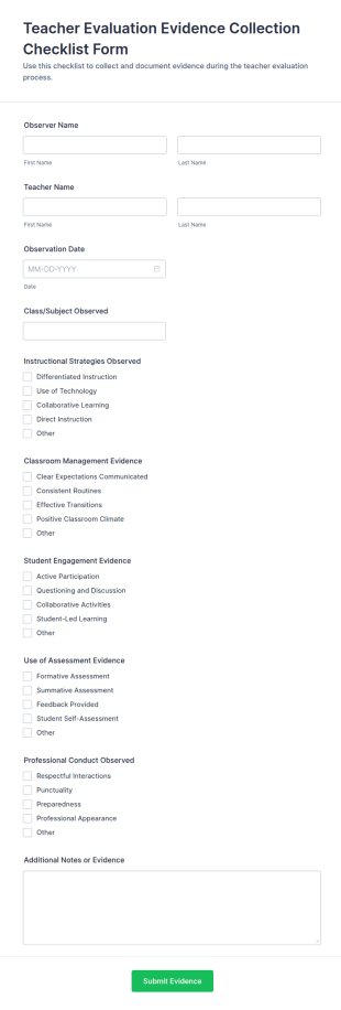 Teacher Evaluation Evidence Collection Checklist Form Template