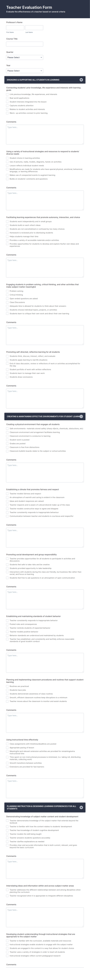 Teacher Evaluation Form Template