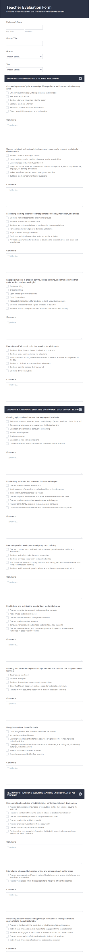 Teacher Evaluation Form Template