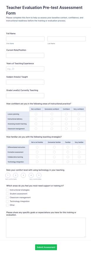 Teacher Evaluation Pre Test Assessment Form Template