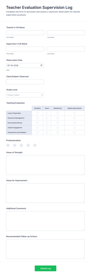 Teacher Evaluation Supervision Log Form Template