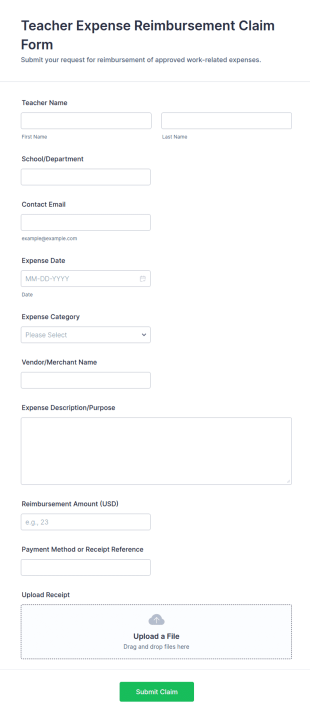 Teacher Expense Reimbursement Claim Form Template