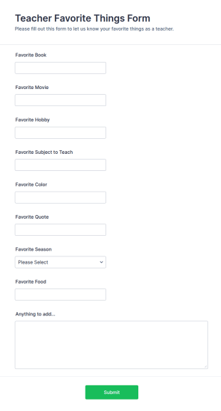 Teacher Favorite Things Form Template