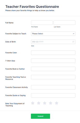 Teacher Favorites Questionnaire Form Template