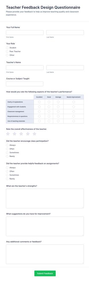 Teacher Feedback Design Questionnaire Form Template
