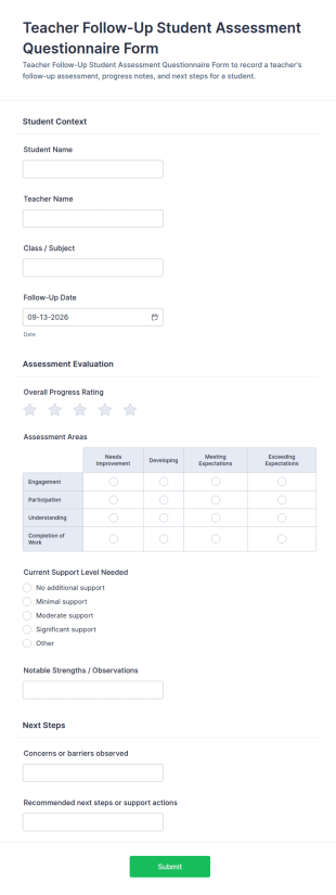 Teacher Follow Up Student Assessment Form Template