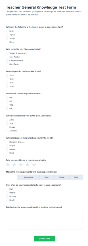 Teacher General Knowledge Test Form Template