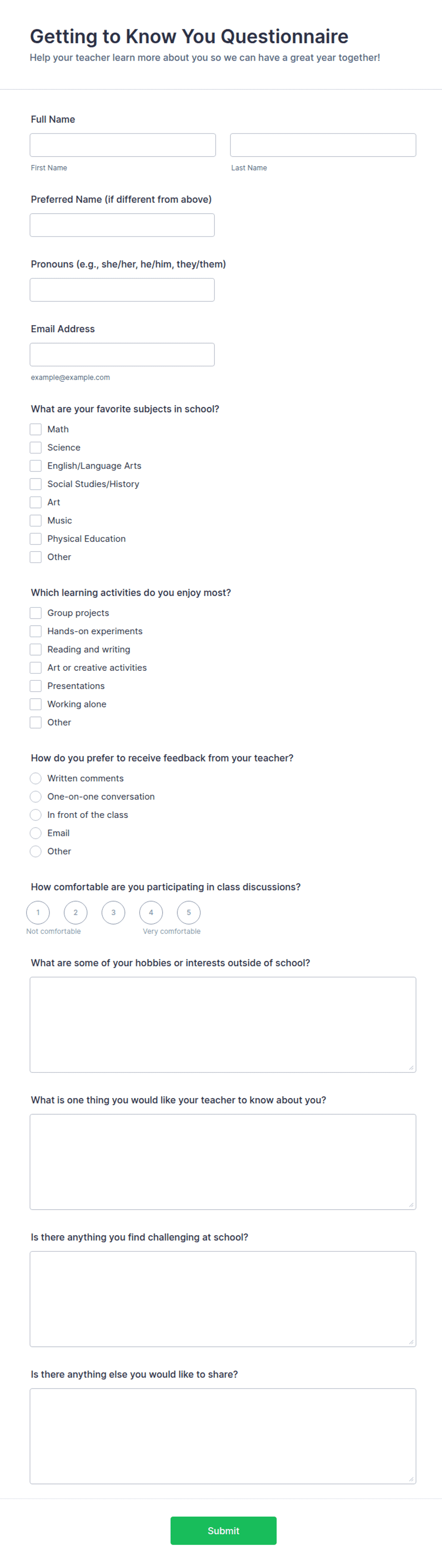 Teacher Getting-to-Know-You Questionnaire Form Template | Jotform