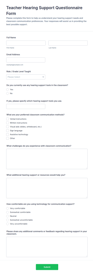 Teacher Hearing Support Questionnaire Form Template