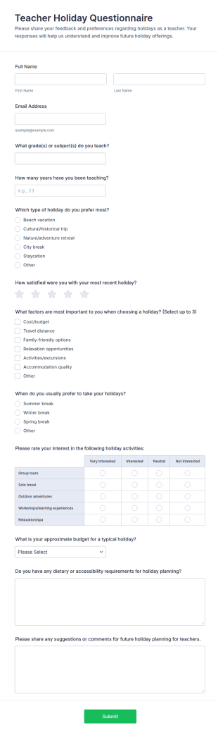 Teacher Holiday Questionnaire Form Template