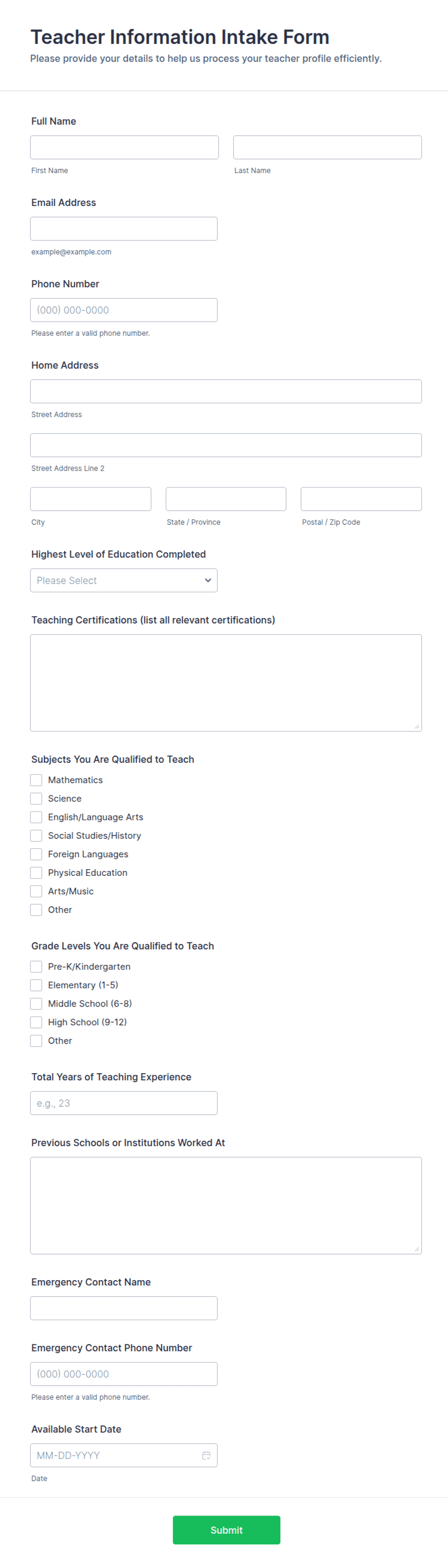 Teacher Information Intake Form Template | Jotform