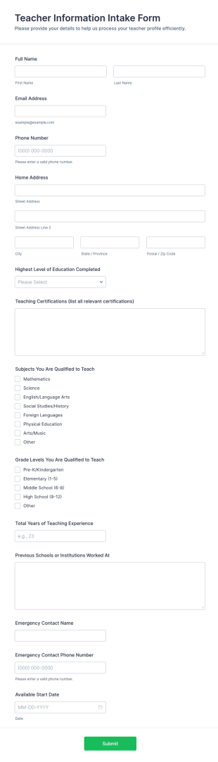 Teacher Information Intake Form Template