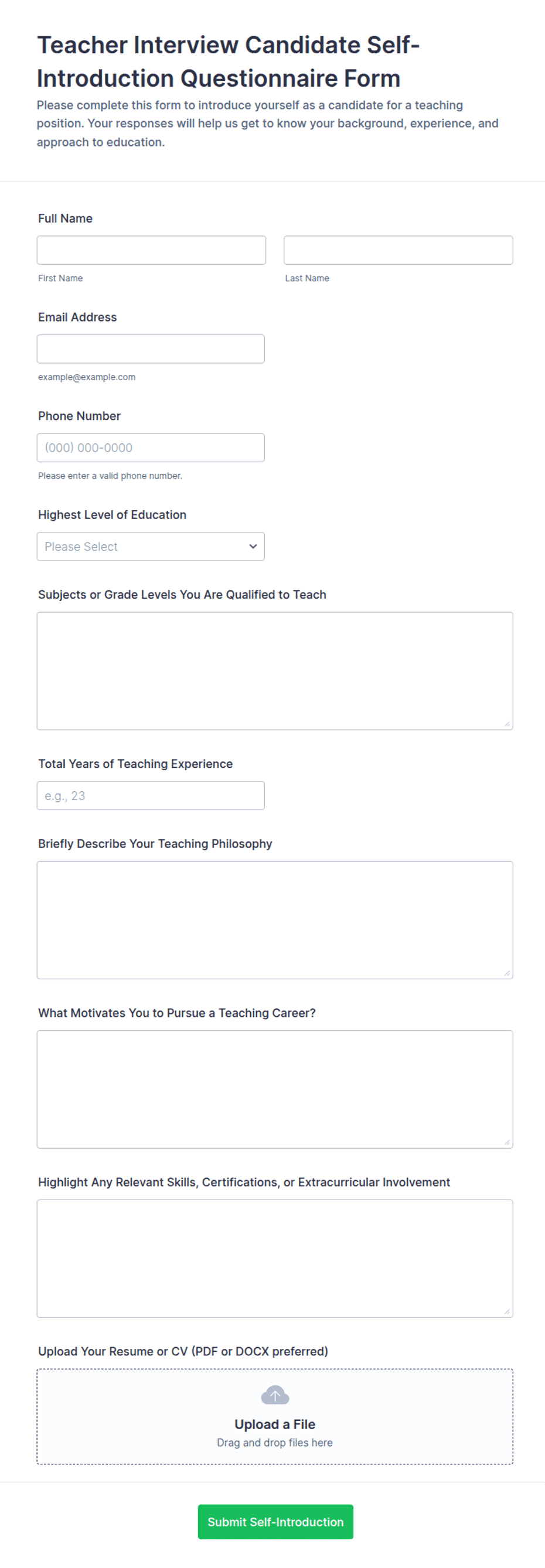Teacher Interview Candidate Self-Introduction Questionnaire Form ...