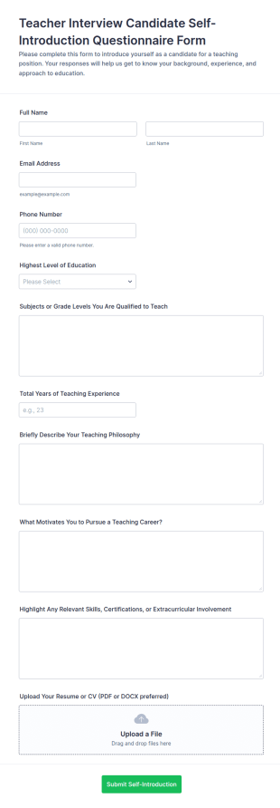 Teacher Interview Candidate Self Introduction Questionnaire Form Template