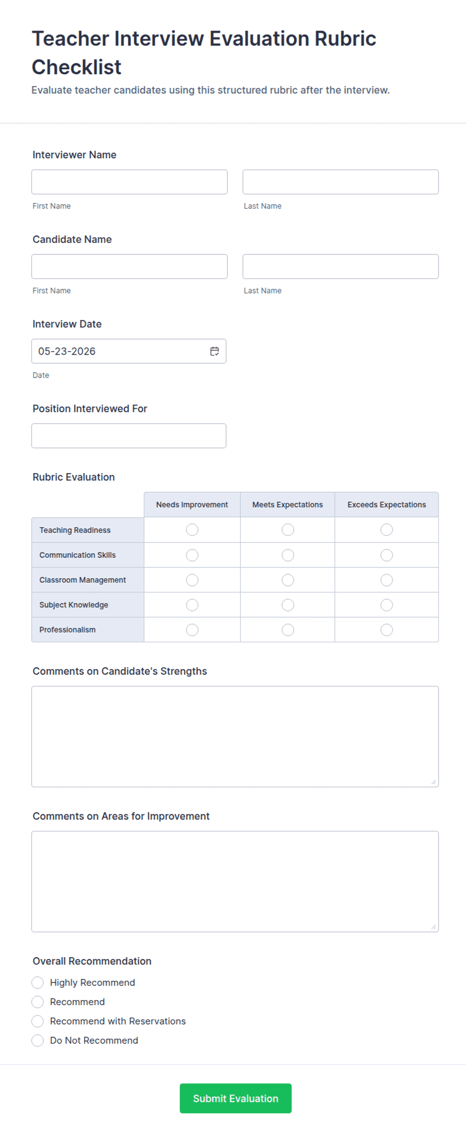 Teacher Interview Evaluation Rubric Checklist Form Template | Jotform