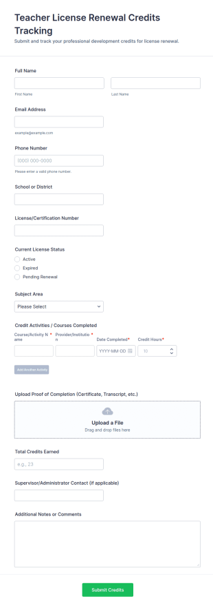 Teacher License Renewal Credits Tracking Form Template