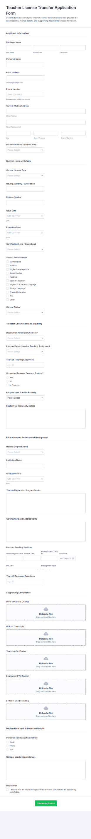 Teacher License Transfer Application Form Template