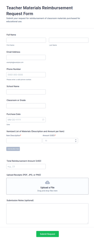 Teacher Materials Reimbursement Request Form Template