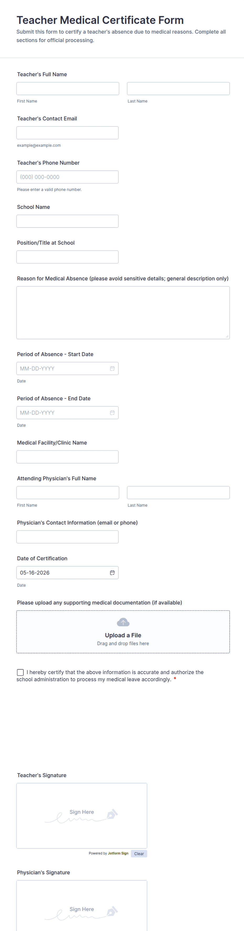 Teacher Medical Certificate Form Template | Jotform