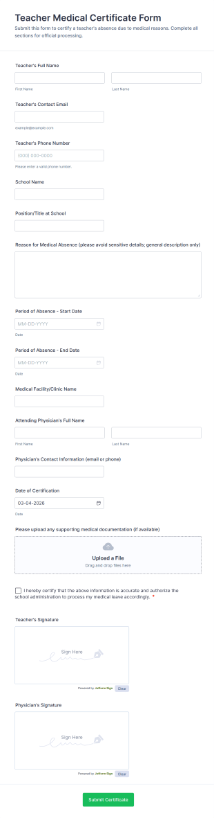 Teacher Medical Certificate Form Template