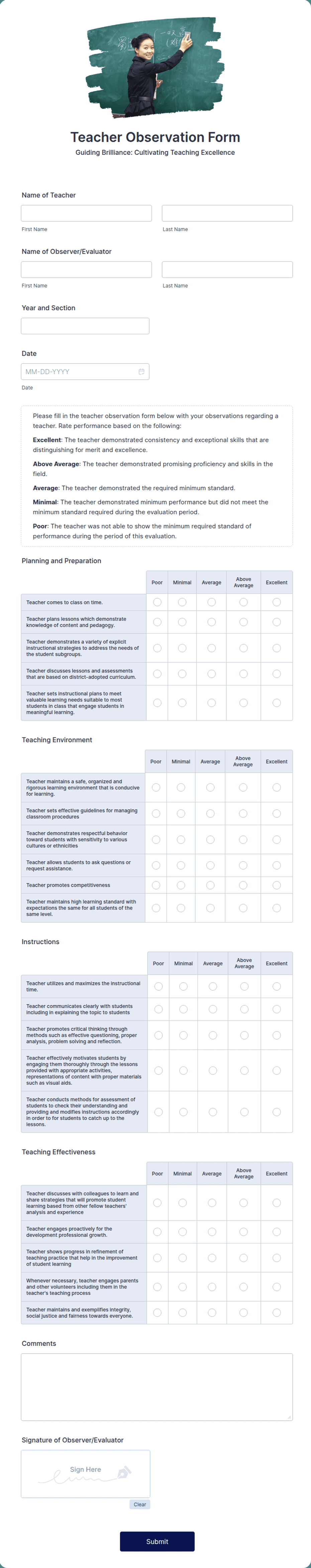 Quality Teaching Rounds Observation Form Teacher Observation Form Template | Jotform