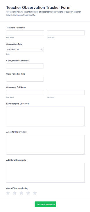 Teacher Observation Tracker Form Template