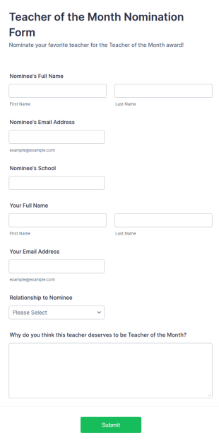 Teacher Of The Month Nomination Form Template