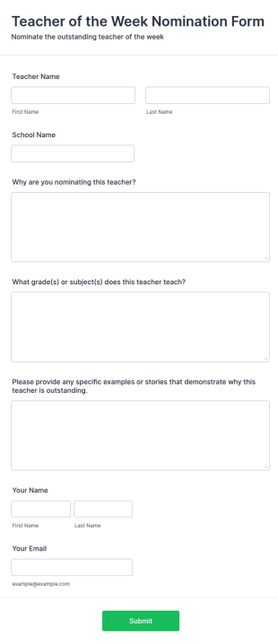 Teacher Of The Week Nomination Form Template