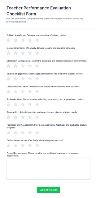 Teacher Performance Evaluation Checklist Form Template