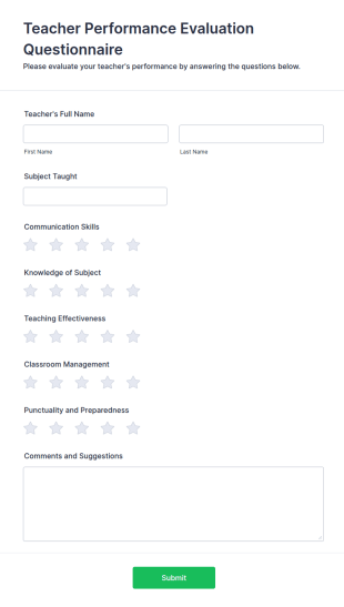 Teacher Performance Evaluation Questionnaire Form Template