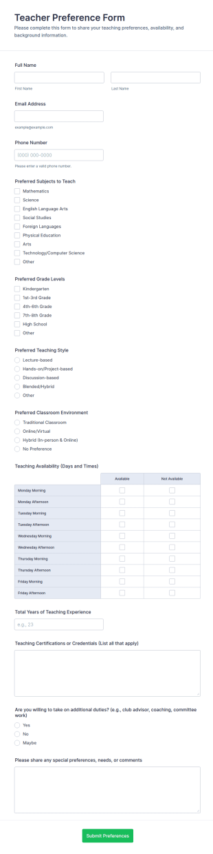 Teacher Preference Form Template
