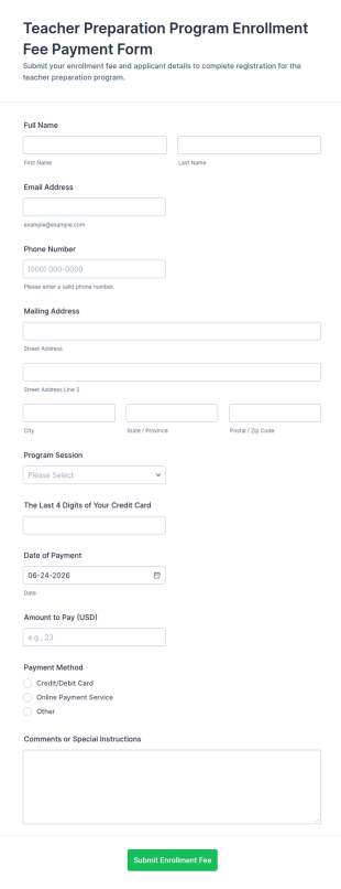 Teacher Preparation Program Enrollment Fee Payment Form Template