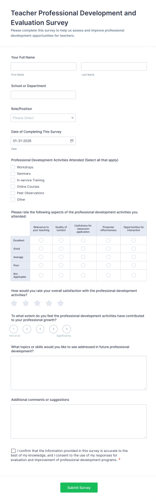 Teacher Professional Development And Evaluation Survey Form Template