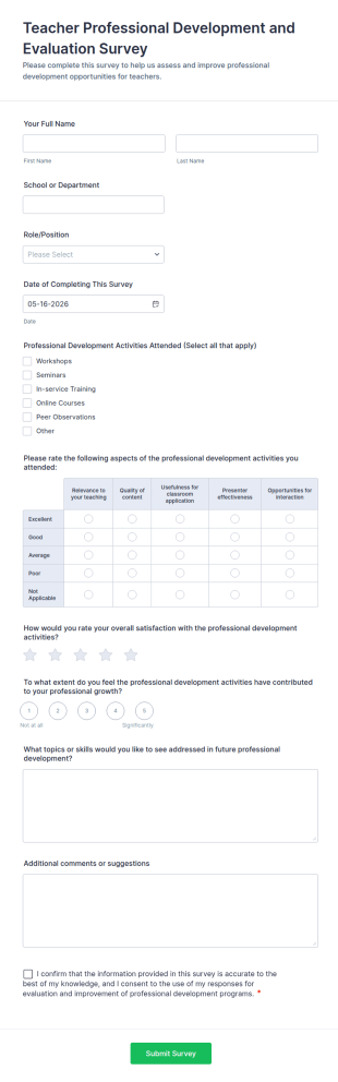 Teacher Professional Development And Evaluation Survey Form Template