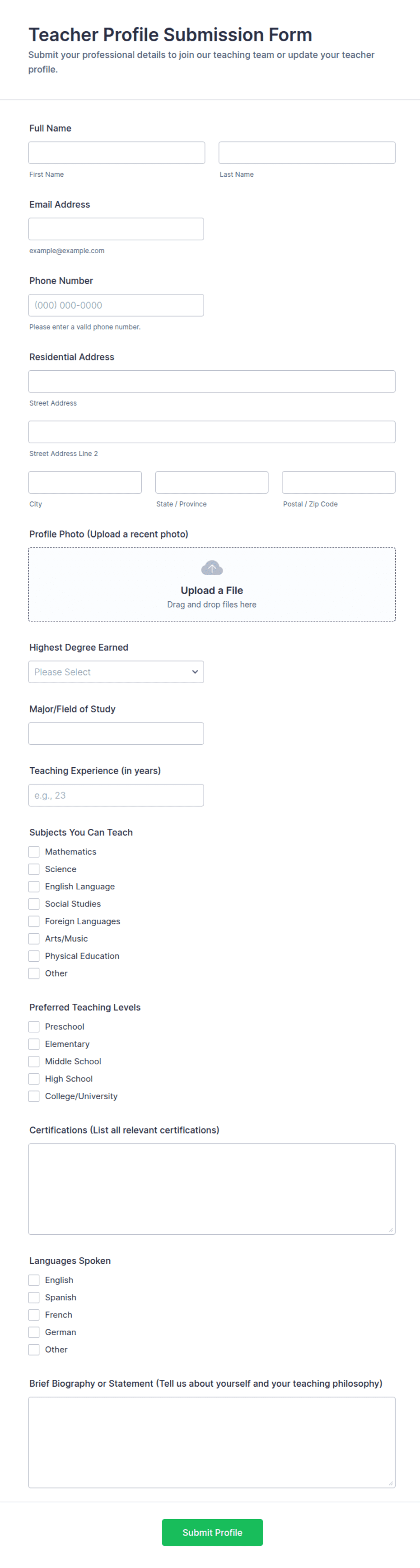 Educator Profile Form.pdf Teacher Profile Submission Form Template | Jotform