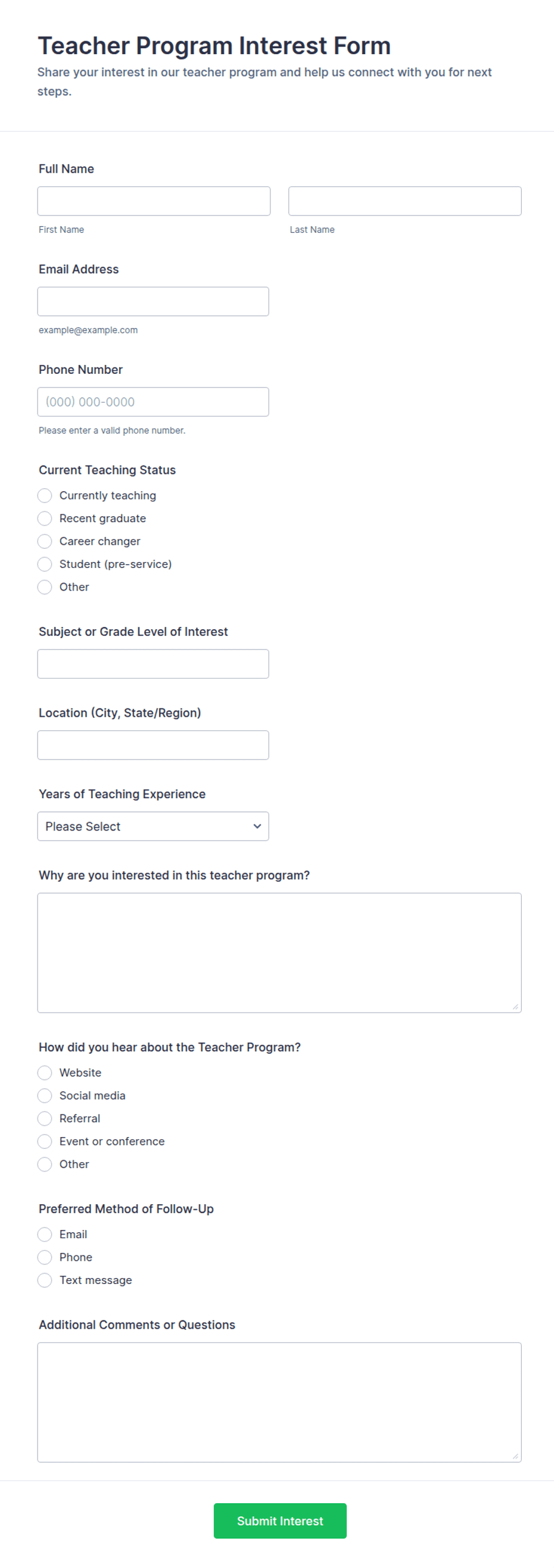 Teacher Program Interest Form Template | Jotform