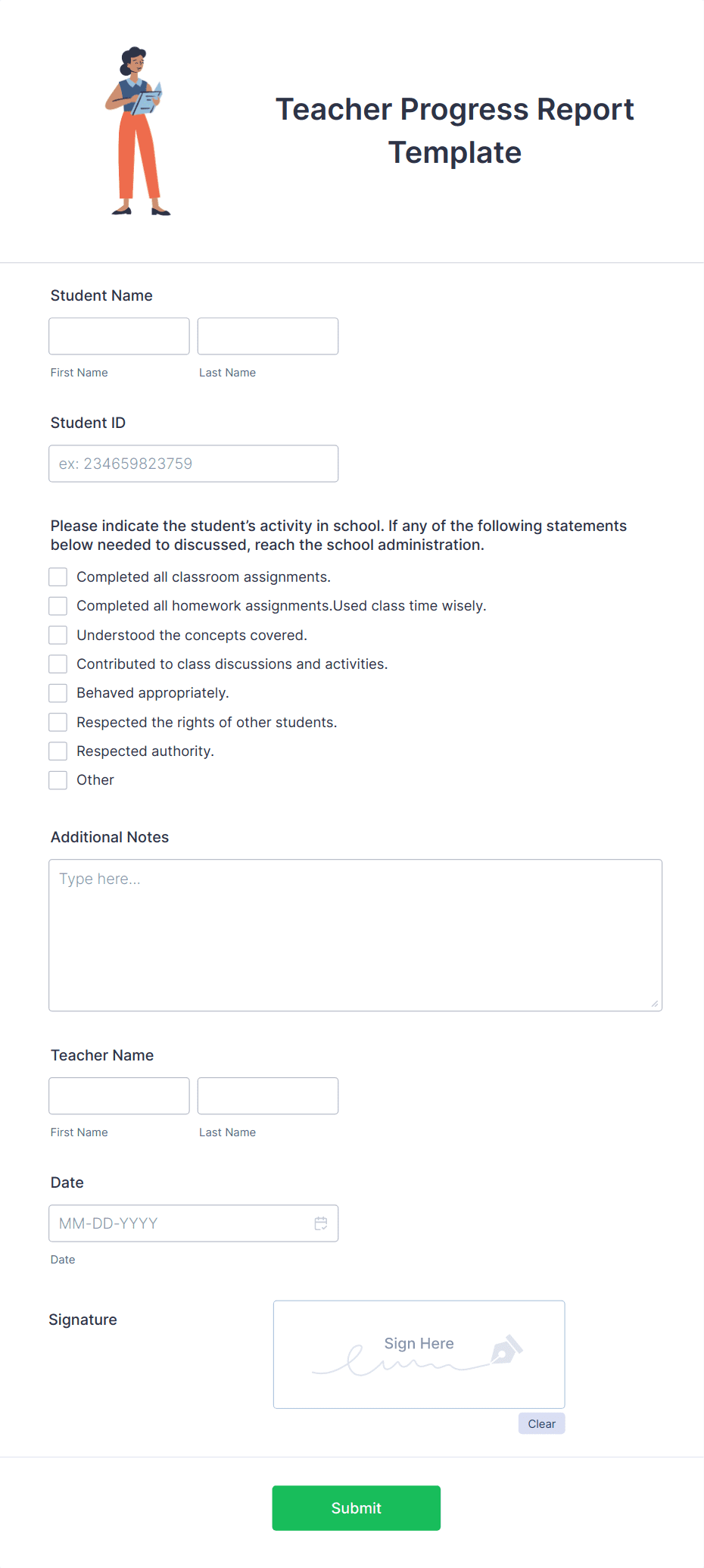 Teacher Progress Report Template Form Template | Jotform