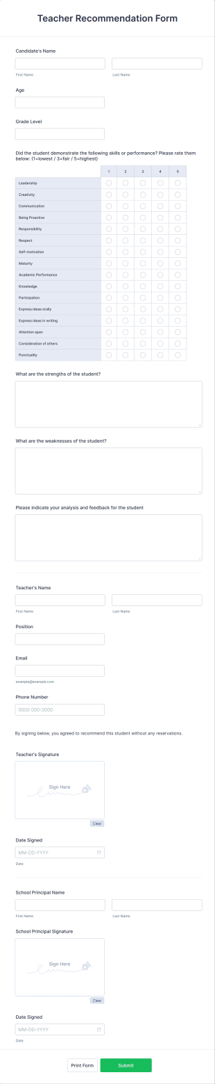 Teacher Recommendation Form Template
