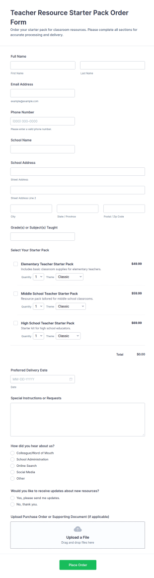 Teacher Resource Starter Pack Order Form Template