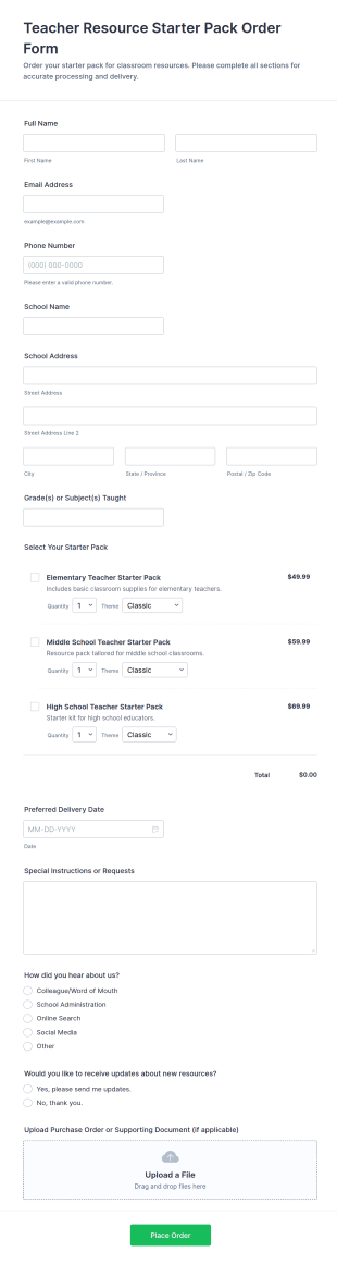 Teacher Resource Starter Pack Order Form Template