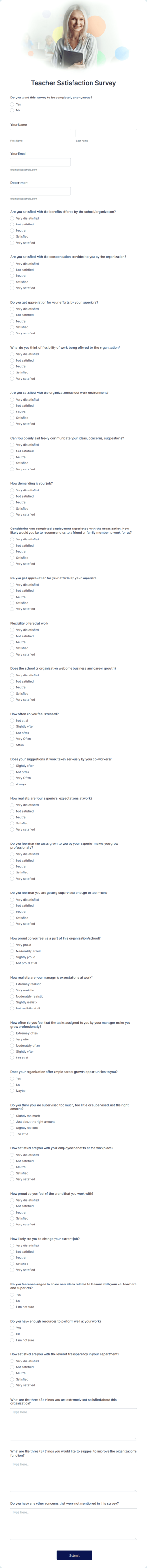 Teacher Satisfaction Survey Form Template