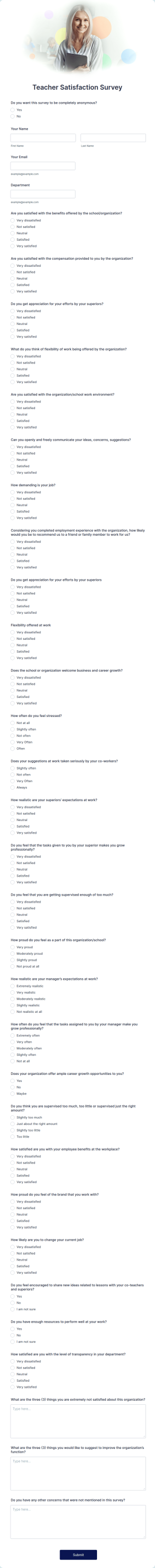 Teacher Satisfaction Survey Form Template