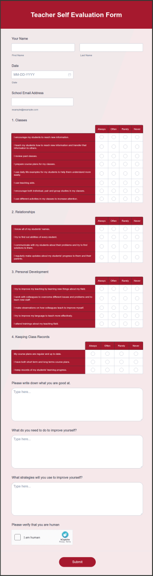 Teacher Self Evaluation Form Template