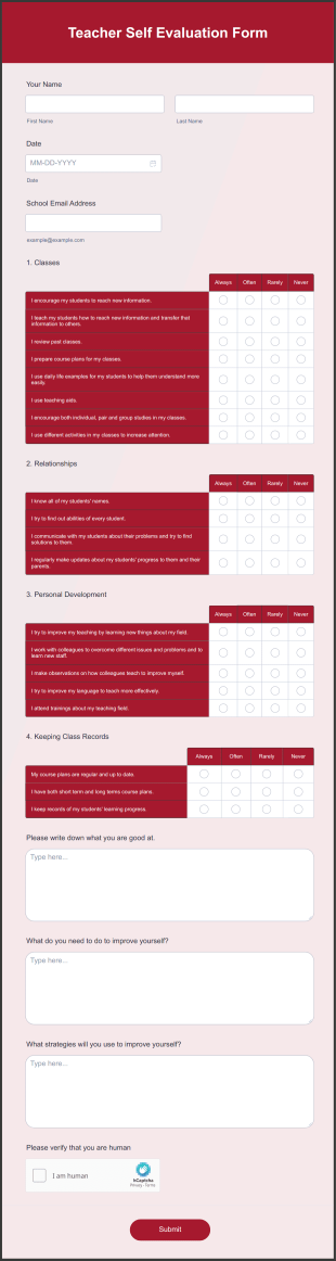 Teacher Self Evaluation Form Template