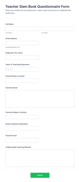 Teacher Slam Book Questionnaire Form Template